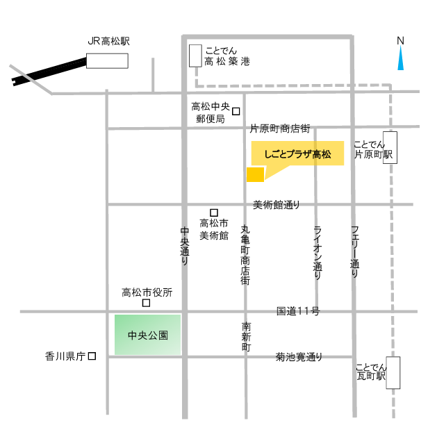 
高松市にある「しごとプラザ高松」の周辺地図。主要駅から徒歩圏内に位置しています。
